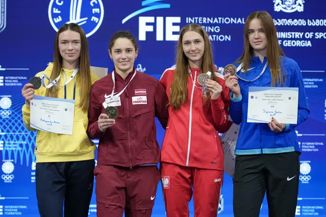 Tbilisi, Cadet and Junior European championship 2026 In photo: 1 PROSINA Sofija LAT 2. MAKSYMENKO Anna UKR 3. JANECZEK Oliwia POL 3. TRYNOVA Julia EST Photo by Eva Pavía #BizziTeam