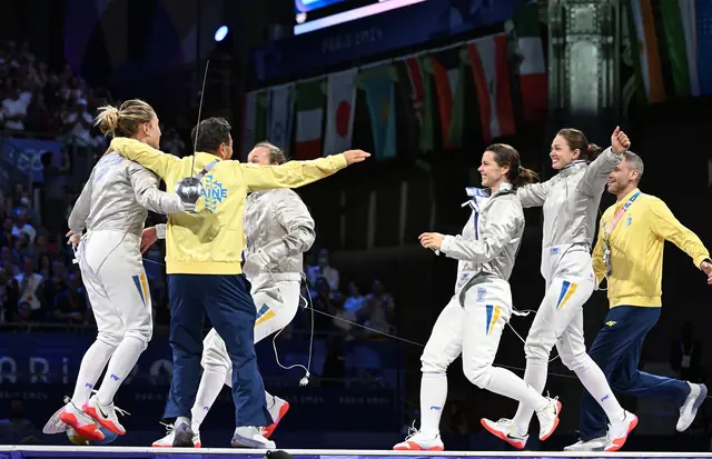 .Paris Games of the XXXIII Olympiad – Fencing Women’s sabre In photo: KRAVATSKA Olena, KOMASHCHUK Alina, KHARLAN Olga, BAKATOVA Photo Augusto Bizzi